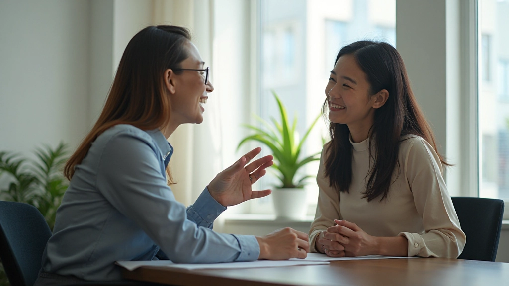 People engaged in English conversation practice in a modern setting