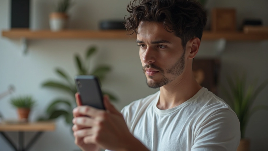 Person recording themselves speaking with smartphone, practicing conversation skills at home