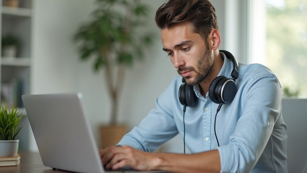 Man sitting at desk with laptop and notebook, relaxed posture, headphones around neck, bright natural lighting, home office setting