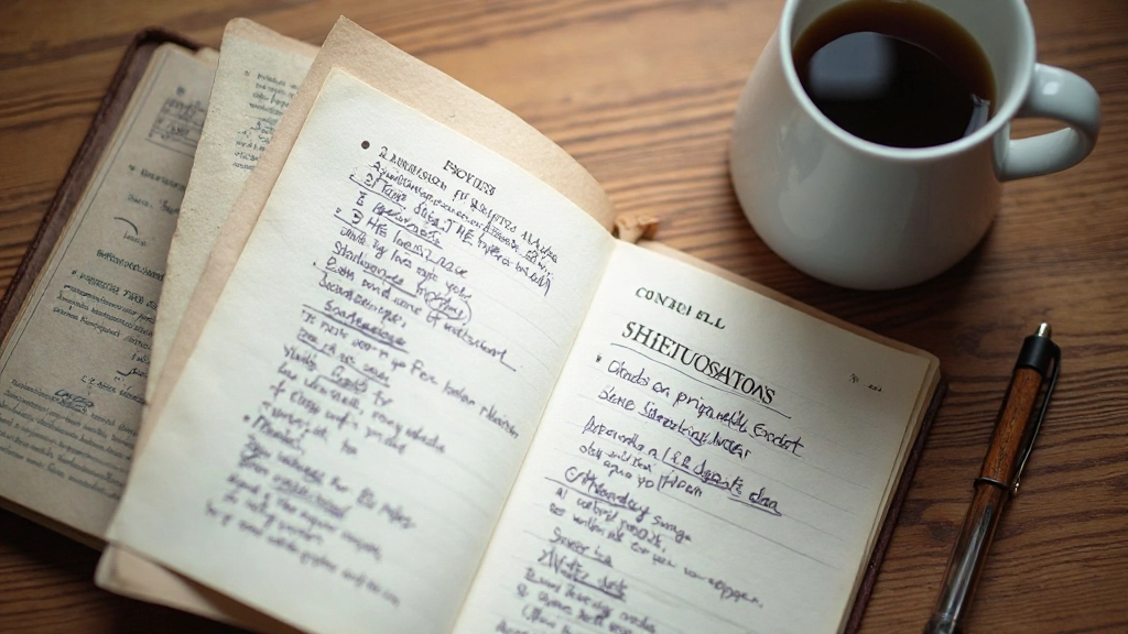 Open notebook with conversation practice notes on wooden desk with coffee mug and pen