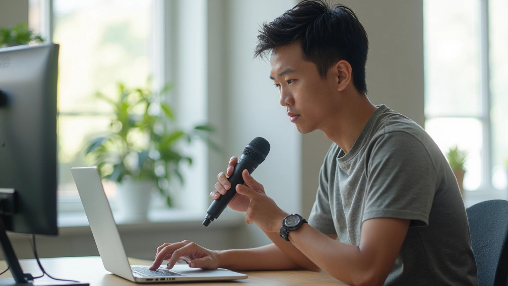 Student practicing pronunciation with microphone and computer during online English lesson