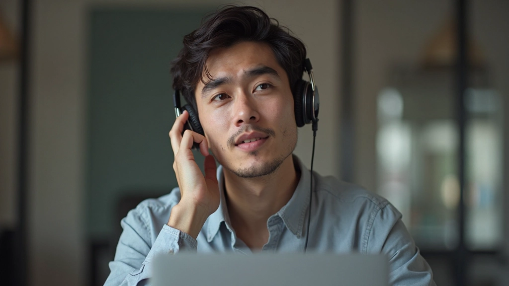Person wearing headphones, listening intently during English conversation practice session