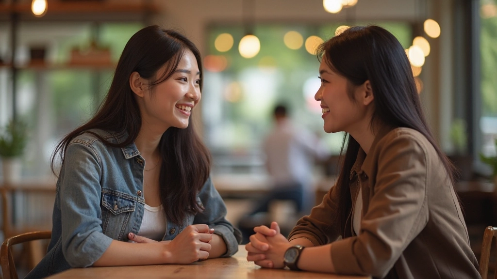Close-up of two people smiling and engaging in friendly conversation at a table