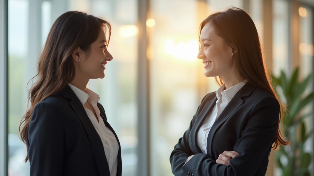 Two professionals engaged in English conversation practice in modern learning environment