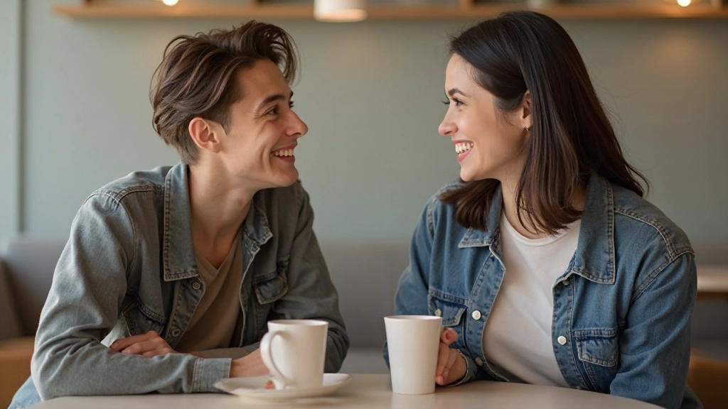 Two people having a friendly conversation in a bright coffee shop setting