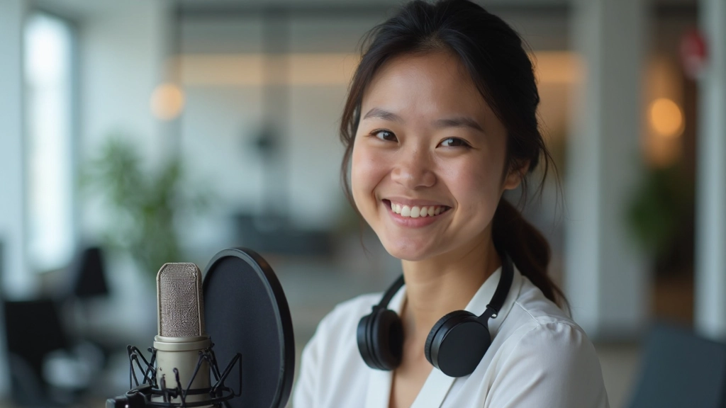 Young woman smiling confidently while speaking into microphone, natural lighting, modern recording environment, headphones visible
